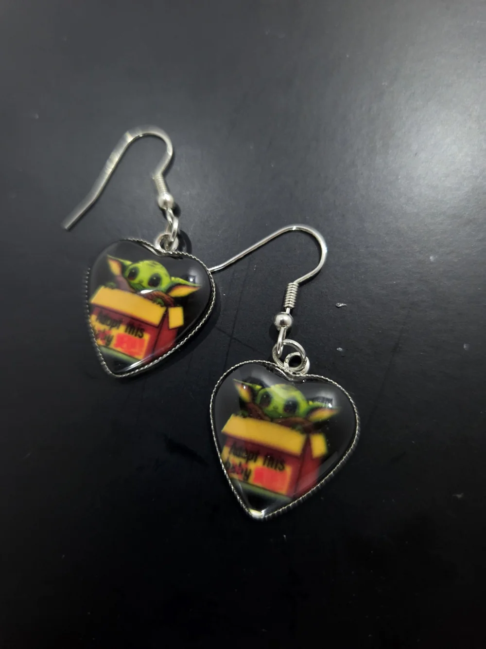 Cute Grogu Baby Yoda Heart Dangle Earrings Star Wars Mandalorian Fan Art Jewelry